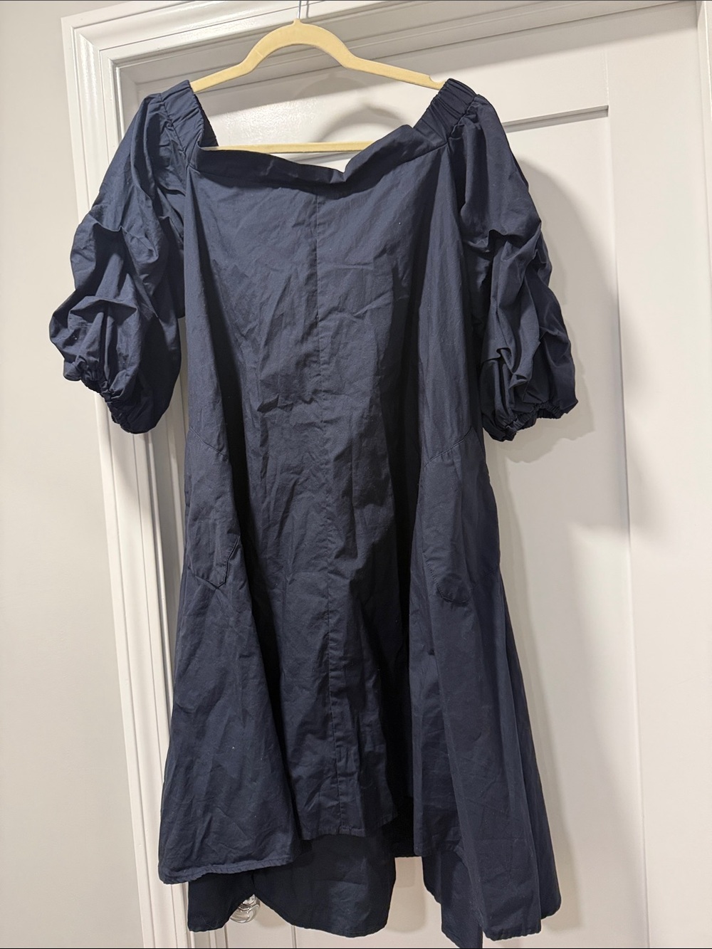 Gracia Navy Off-Shoulder Midi Dress with Puff Sleeves